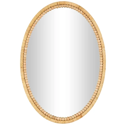 28" Brown Bamboo Wrapped Oval Wall Mirror with Beaded Frame Décor