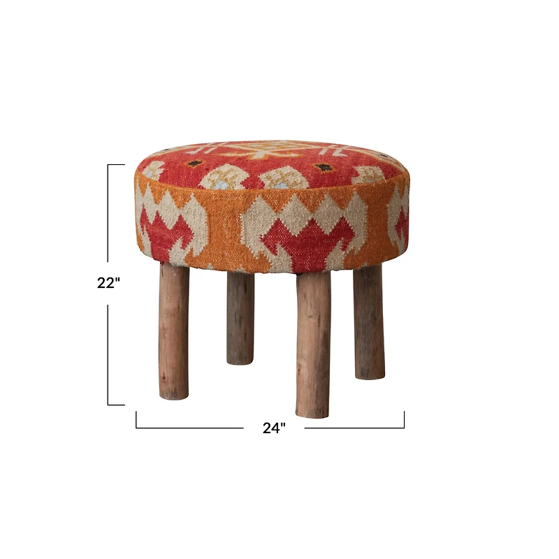 Hello Honey® 24" Round Orange Cotton & Wool Kilim Stool with Natural Wood Legs