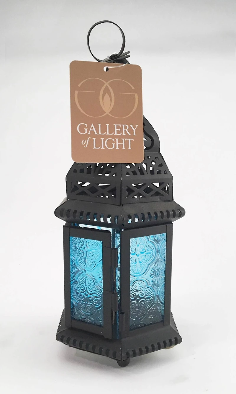 10" Black Moroccan Style Hanging Candle Lantern with Etched Blue Glass