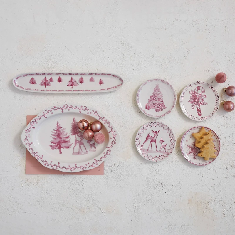 Hello Honey® 14.25" Pink & Cream Forest Long Oval Stoneware Dish