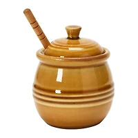 Hello Honey® 4.3" Amber Orange Farmhouse Embossed Stoneware Honey Pot with Wood Honey Dipper