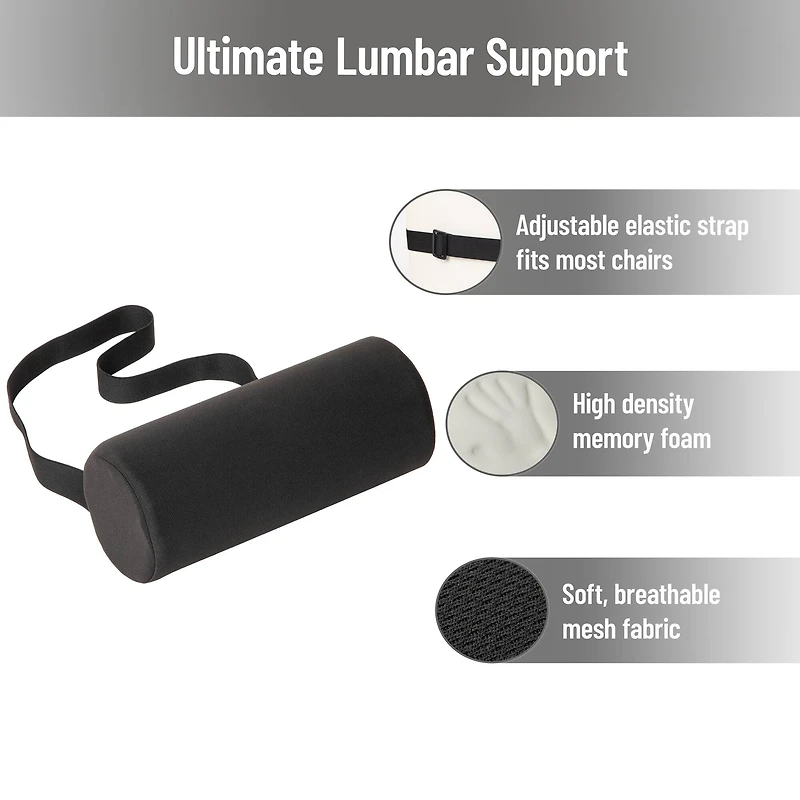 Mind Reader Lumbar Roll Pillow with Air-Cloud Memory Foam, Back, Waist & Hip Support, Breathable Cover & Adjustable Strap, Black