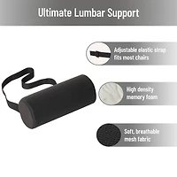 Mind Reader Lumbar Roll Pillow with Air-Cloud Memory Foam, Back, Waist & Hip Support, Breathable Cover & Adjustable Strap, Black