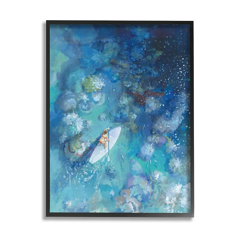 Stupell Industries Paddle Board Ocean Reef Tropical Scene Female Surfer Framed Wall Art