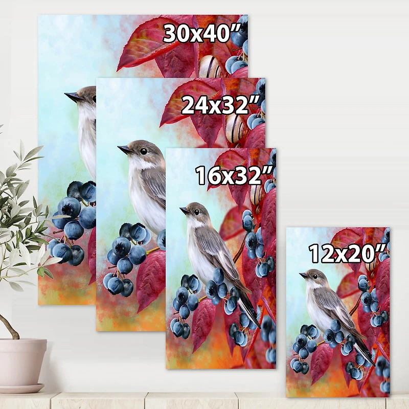 Designart - Little Gray Bird On Red Autumn On Blueberry Twig