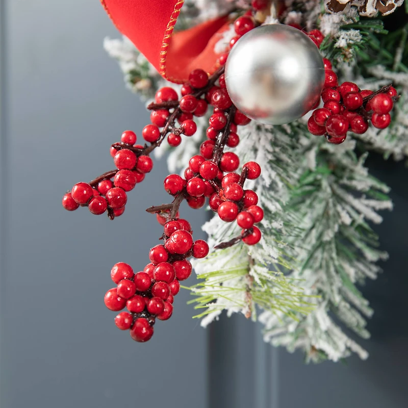 Glitzhome® 25" Flocked Berry, Ornament & Pinecone Ribbon Teardrop