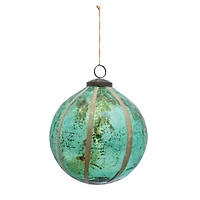 Hello Honey® 6" Turquoise Glass Ball Ornament with Embedded Eucalyptus Leaves