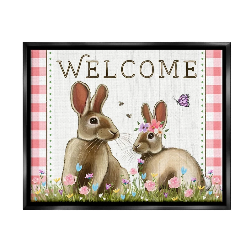 Stupell Industries Welcome Plaid Spring Garden Rabbits Floater Framed Art