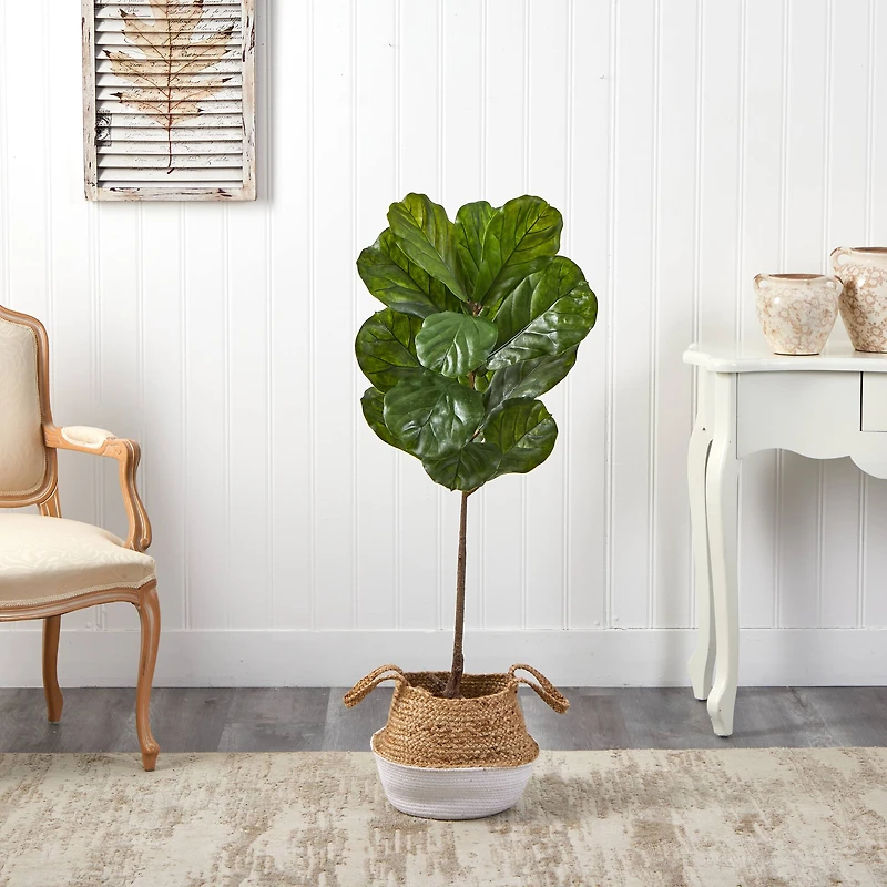 4ft. Fiddle Leaf Artificial Tree in Boho Chic Handmade Cotton & Jute Woven Planter UV Resistant (Indoor/Outdoor