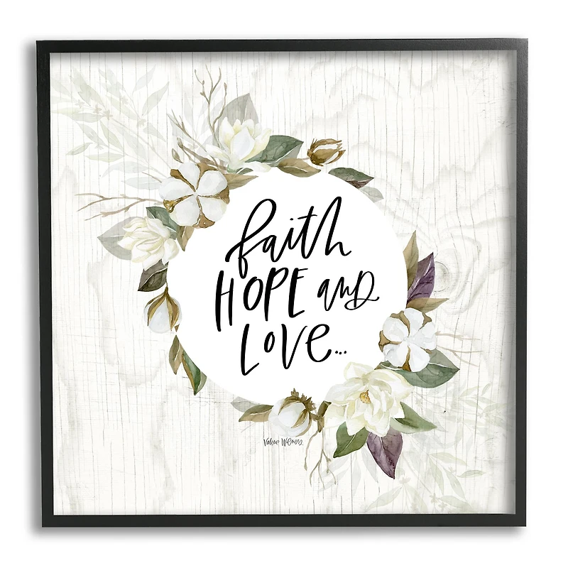 Stupell Industries Faith Hope and Love Sentiment Floral Cotton Wreath Framed Wall Art