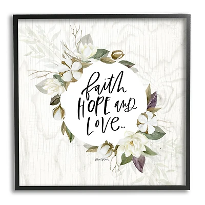 Stupell Industries Faith Hope and Love Sentiment Floral Cotton Wreath Framed Wall Art