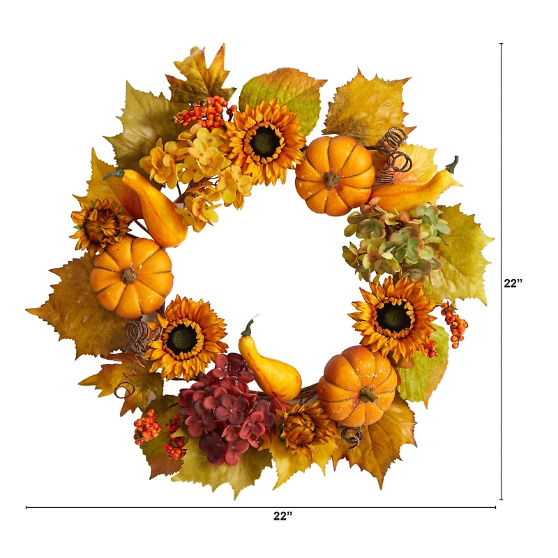 22" Autumn Hydrangea, Pumpkin & Sunflower Wreath