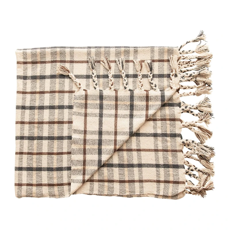 Hello Honey® Charcoal & Brown Woven Recycled Cotton Blend Plaid Throw with Tassels