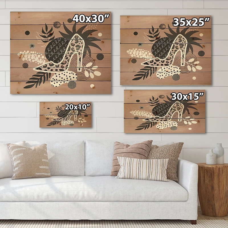 Designart - Leopard High-Heeled Shoes Tropical Leaves - Modern Print on Natural Pine Wood