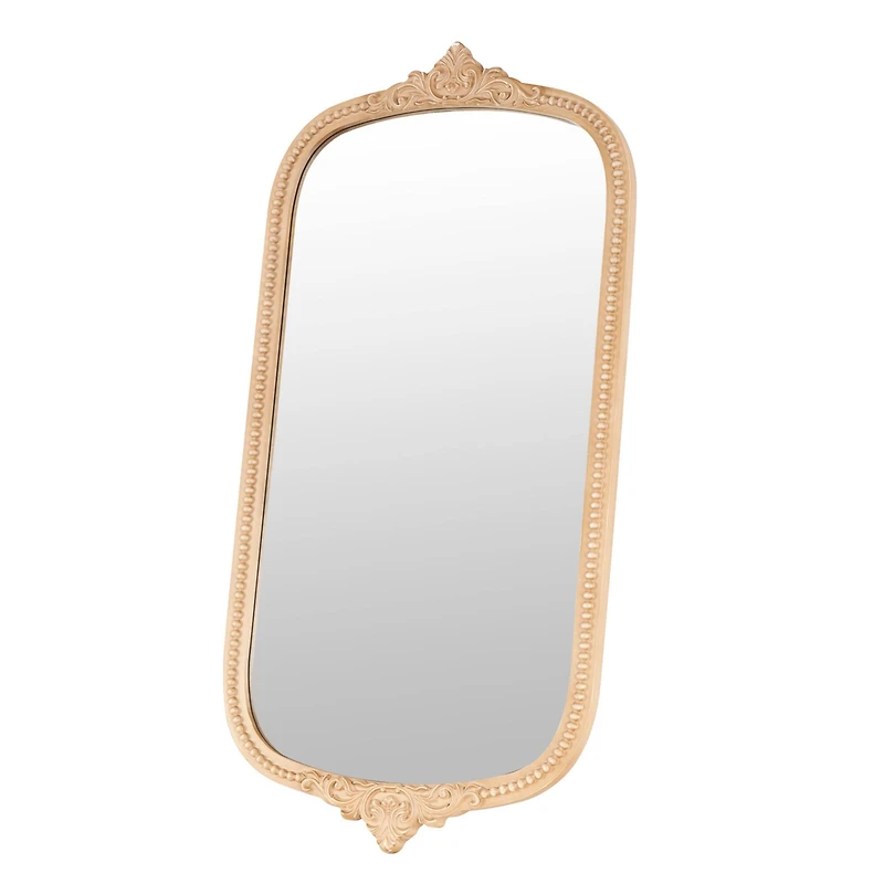 Light Brown Wooden Scroll Oval Room Wall Mirror with Beaded Frame