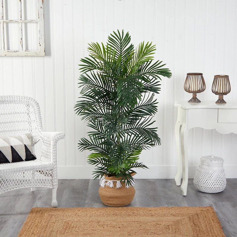 5ft. Areca Artificial Palm Tree in Boho Chic Handmade Natural Cotton Woven Planter with Tassels UV Resistant (Indoor/Outdoor)