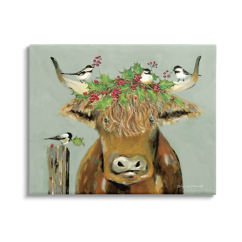 Stupell Industries Cattle & Birds Holiday Holly Canvas Wall Art
