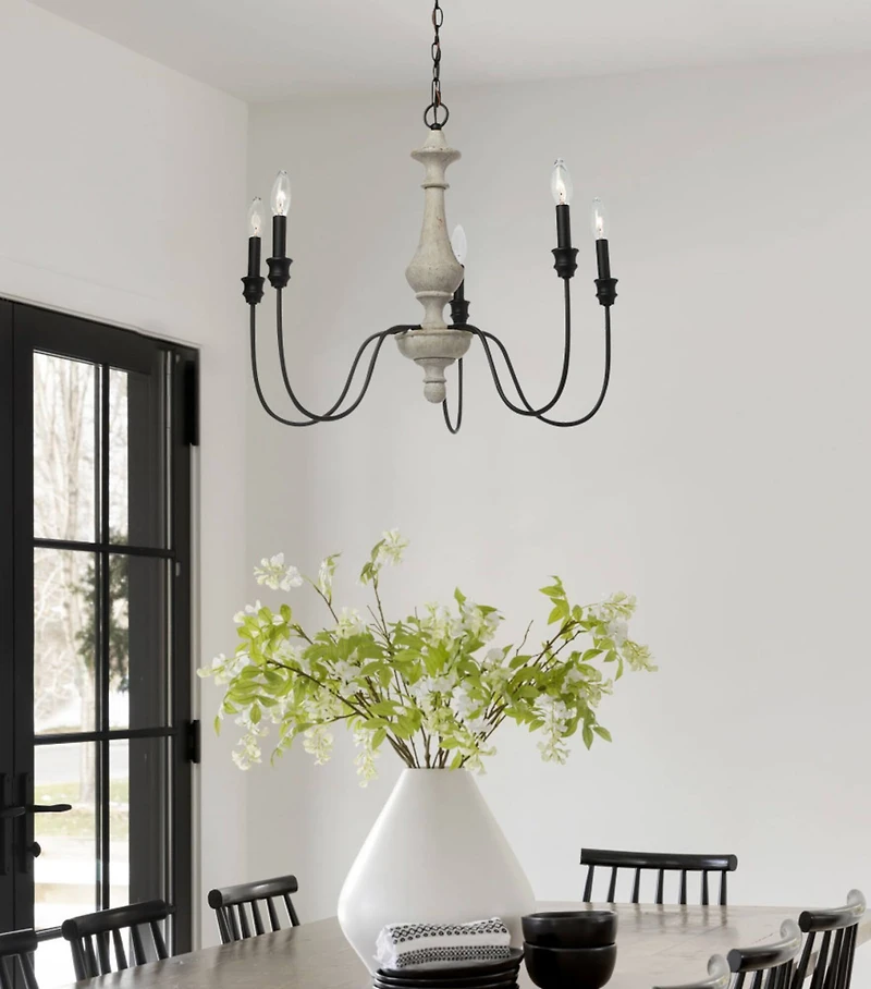 Hello Honey® Robert Stevenson Lighting Magnolia 25" Matte Black 5-Light White Washed Wood and Metal Chandelier