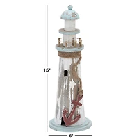 Coastal White Wooden Lighthouse Sculpture, 15" x 6" x 6"