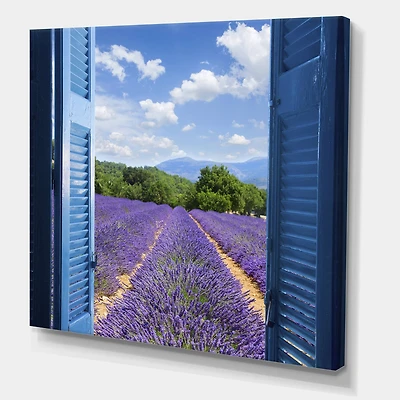Designart - Lavender Field Through Blue Open Cottage Window