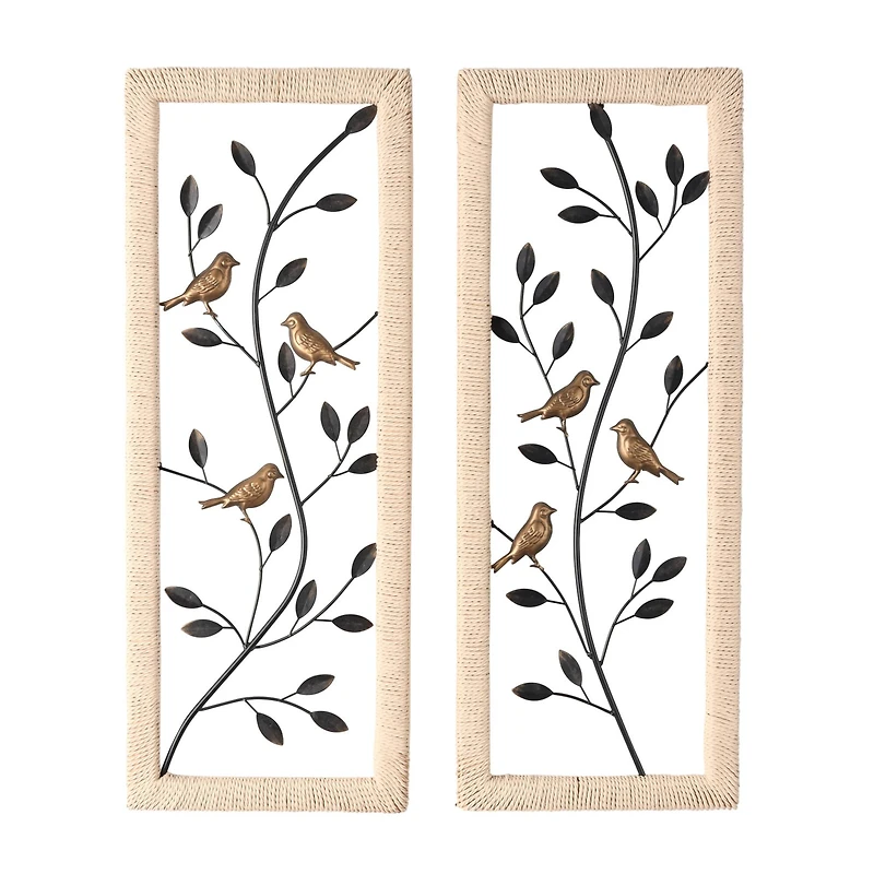 Black Metal Leaf Wall Décor with Cream Rattan Frame and Bronze Bird Accents, Set of 2