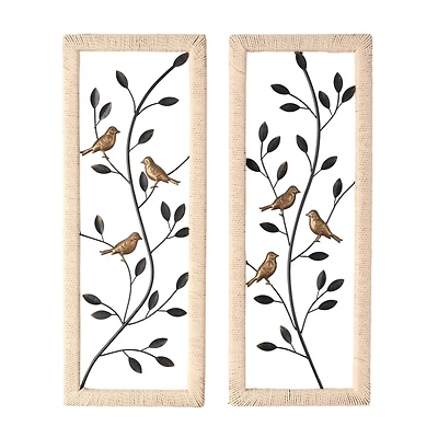 Black Metal Leaf Wall Décor with Cream Rattan Frame and Bronze Bird Accents, Set of 2