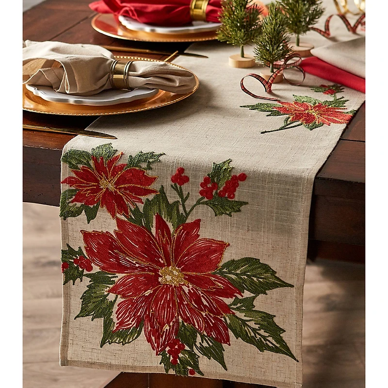 DII® 70" Cream Poinsettia Holly Embroidered Table Runner