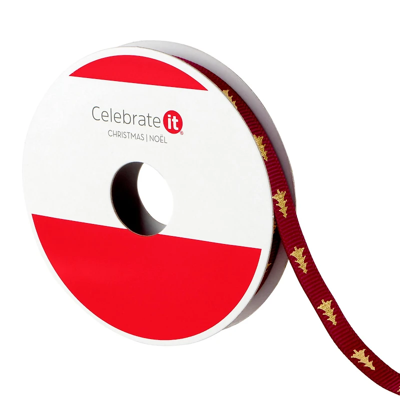 3/8" x 12ft. Gold Tree on Burgundy Ribbon by Celebrate It® Christmas