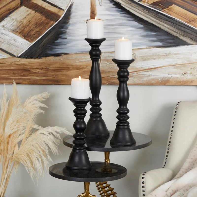 Turned Wood Pillar Candle Holder Set
