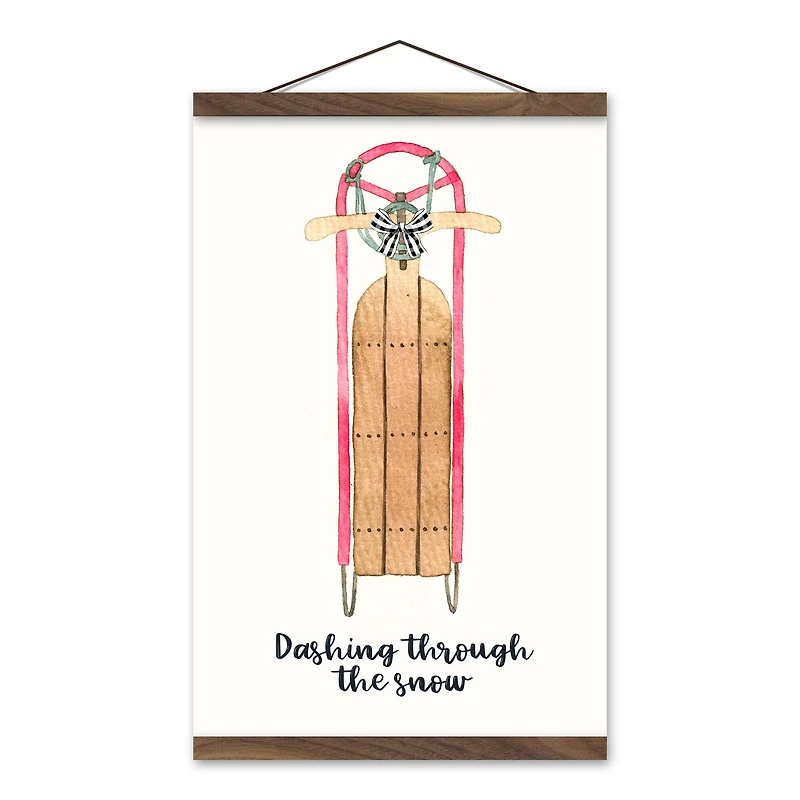 Dashing Snow Sled 12x18 Teak Hanging Canvas