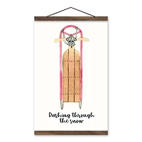 Dashing Snow Sled 12x18 Teak Hanging Canvas