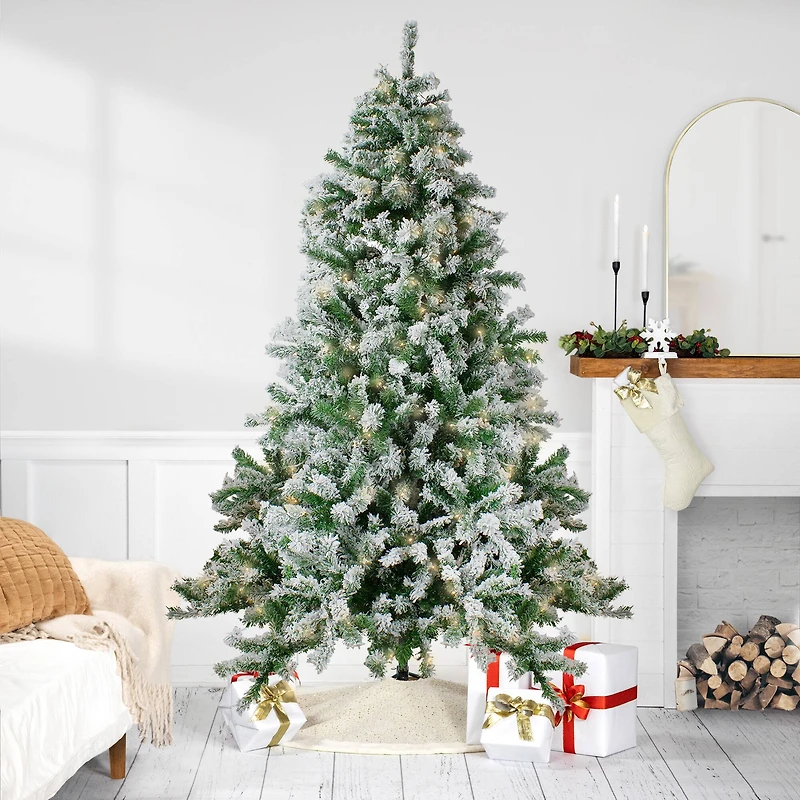 7.5ft. Pre-Lit Flocked Winter Park Fir Artificial Christmas Tree, Warm Clear LED Lights