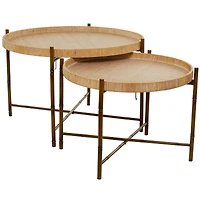 Brown Rattan Nesting Accent Table with Metal Bamboo Inspired Legs Set of 2 20", 18"