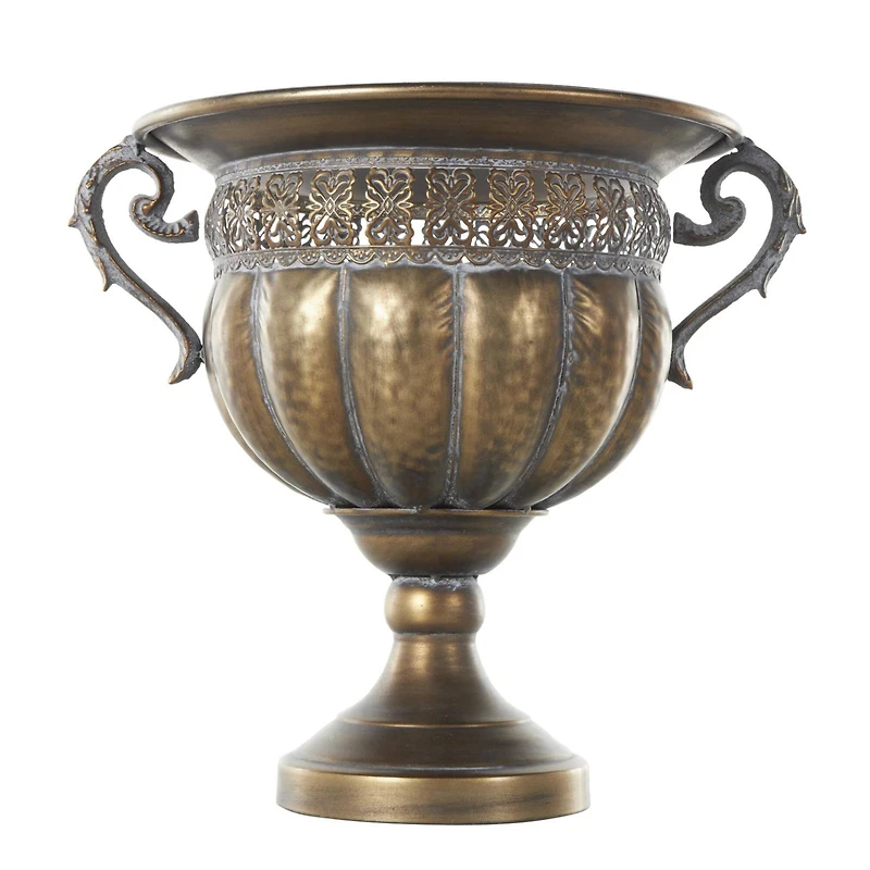 12" Bronze Hammered Urn-Shaped Metal Vase with Cut Out Details