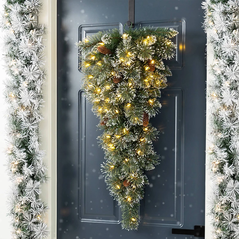 Glitzhome® 3ft Pre-Lit Frosted Greenery Pinecones Christmas Teardrop, LED Lights and Timer