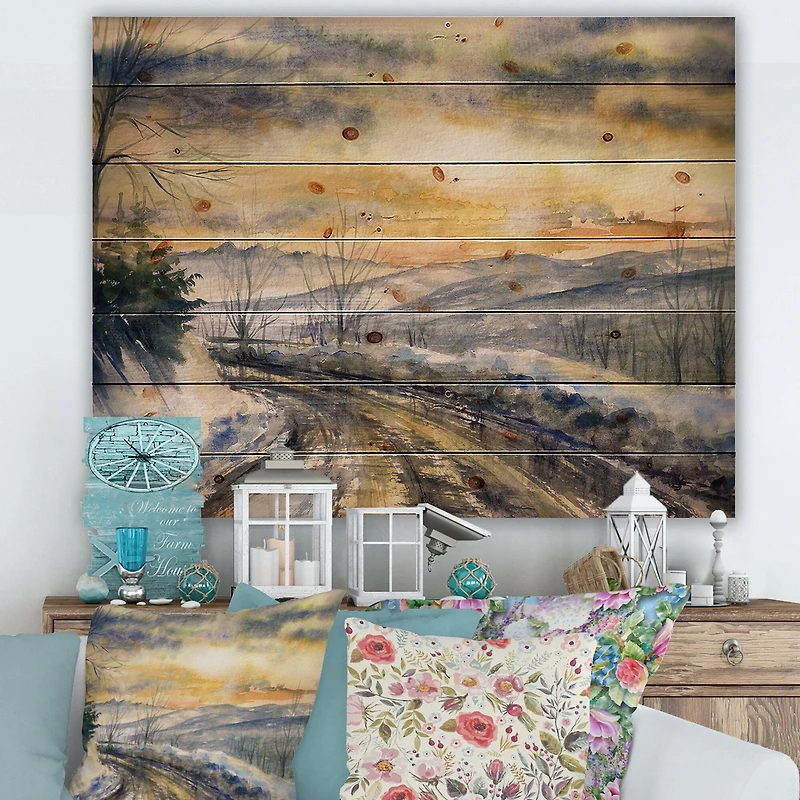 Designart - Winter Landscape With Road Under Bright Sunset