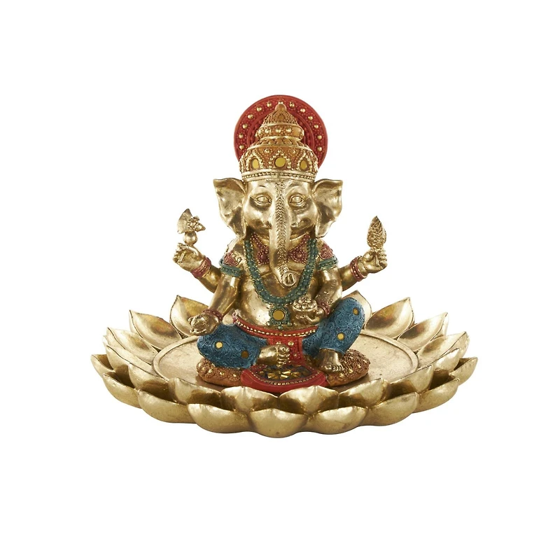 9.5" Long Gold Ganesh Sculpture with Lotus Plate