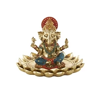 9.5" Long Gold Ganesh Sculpture with Lotus Plate