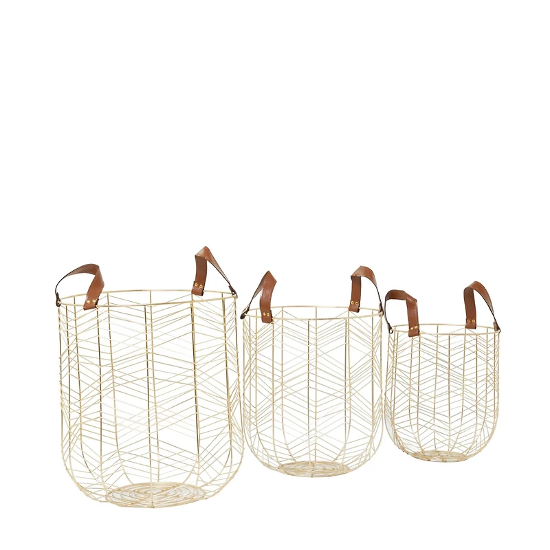CosmoLiving by Cosmopolitan Gold Metal Storage Basket with Faux Leather Handles Set of 3 16", 14", 12"
