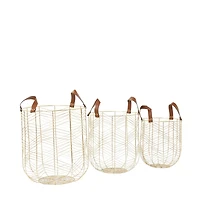 CosmoLiving by Cosmopolitan Gold Metal Storage Basket with Faux Leather Handles Set of 3 16", 14", 12"