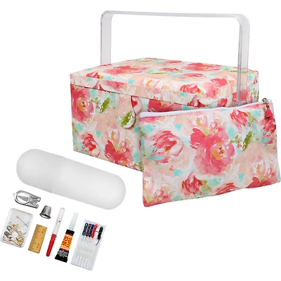SINGER® Large Watercolor Floral Print Rolled Edge Sewing Basket with Matching Pouch Sew Kit