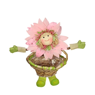 15" Pink Spring Sunflower Girl with Basket Decorative Figure
