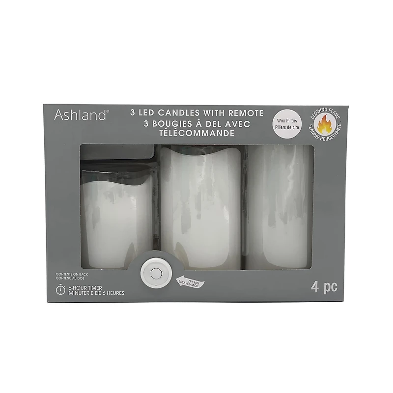 White Glowing Flame LED Wax Pillar Candle Set with Remote by Ashland®
