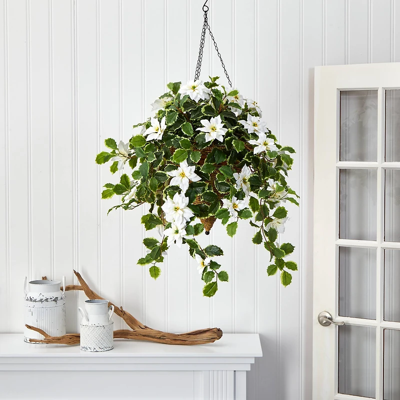 3.5ft. Real Touch Poinsettia and Variegated Holly Artificial Plant in Hanging Cone Basket