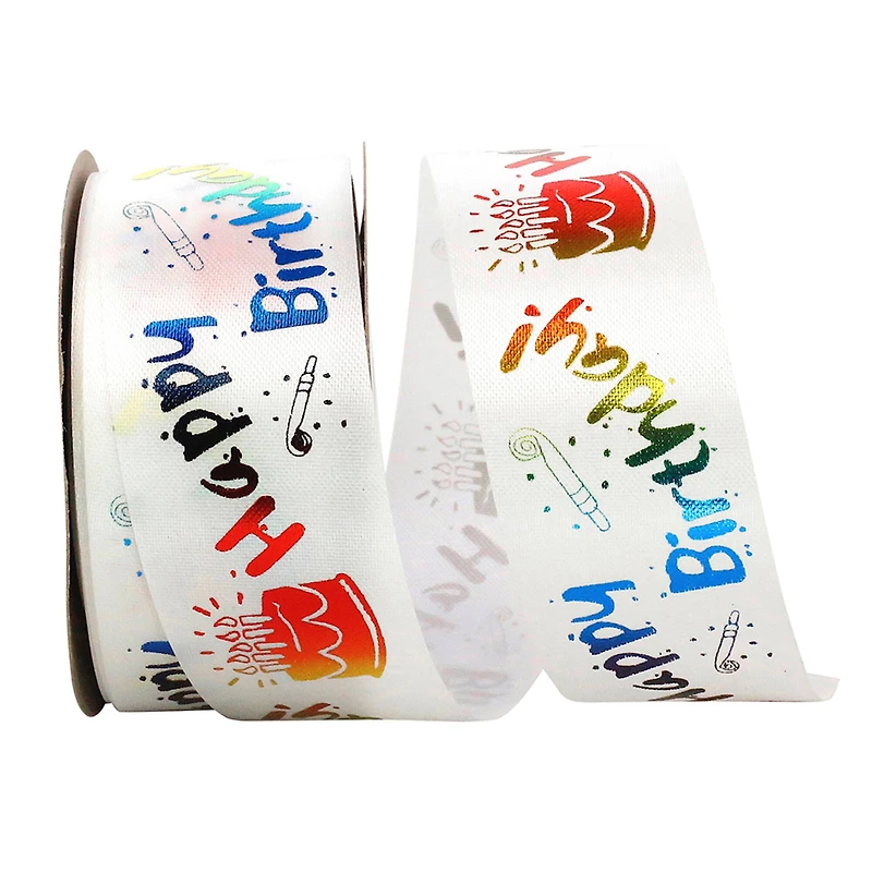 JAM Paper 1.375'' x 25yd. Happy Birthday Cake Ribbon 