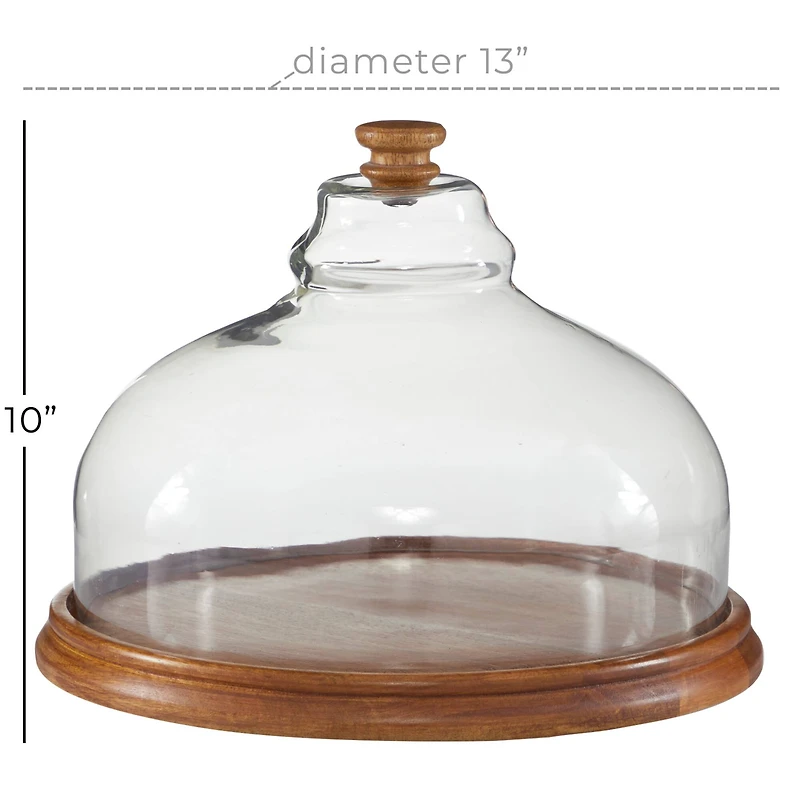 Brown Wood and Glass Natural Cake Stand with Cloche, 10" x 13" x 13"