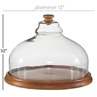 Brown Wood and Glass Natural Cake Stand with Cloche, 10" x 13" x 13"