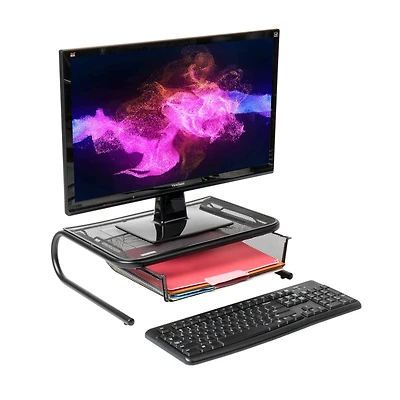 Mind Reader Black Metal Mesh Monitor Stand & Desk Organizer With Storage Drawer