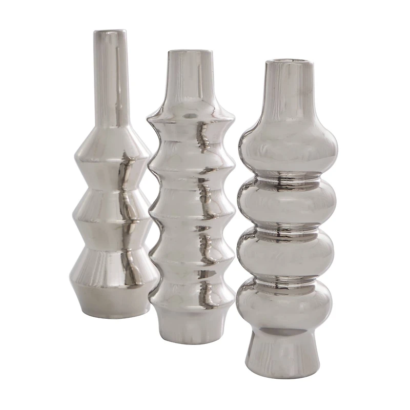Silver Ceramic Abstract Bubble Ribbed Vase Set