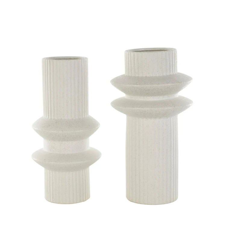 White Ceramic Abstract Ribbed Vase with Speckled Texturing